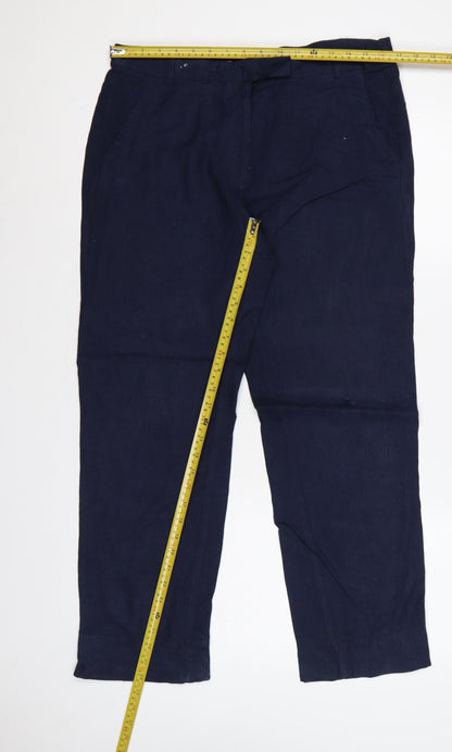 Marks and Spencer Women Navy UK 12 Linen Blend Straight Tailored Trousers