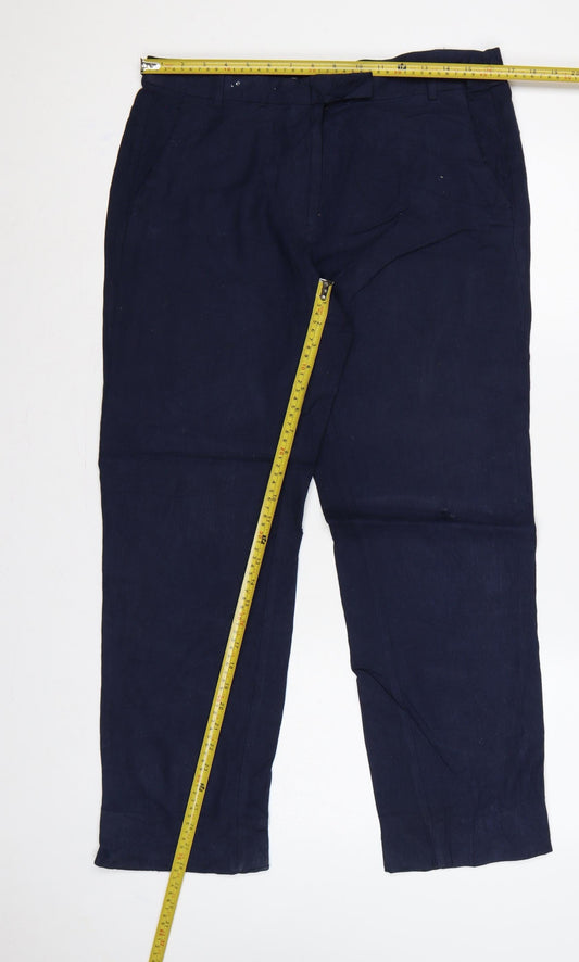 Marks and Spencer Women Navy UK 12 Linen Blend Straight Tailored Trousers
