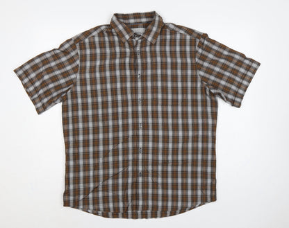 M&S Mens Brown Plaid Short Sleeve Button-Down Shirt L Regular Fit