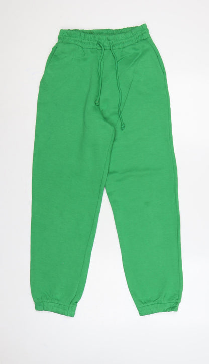 Zara Women Green S Cotton Blend Drawstring Cuffed Jogger Trousers