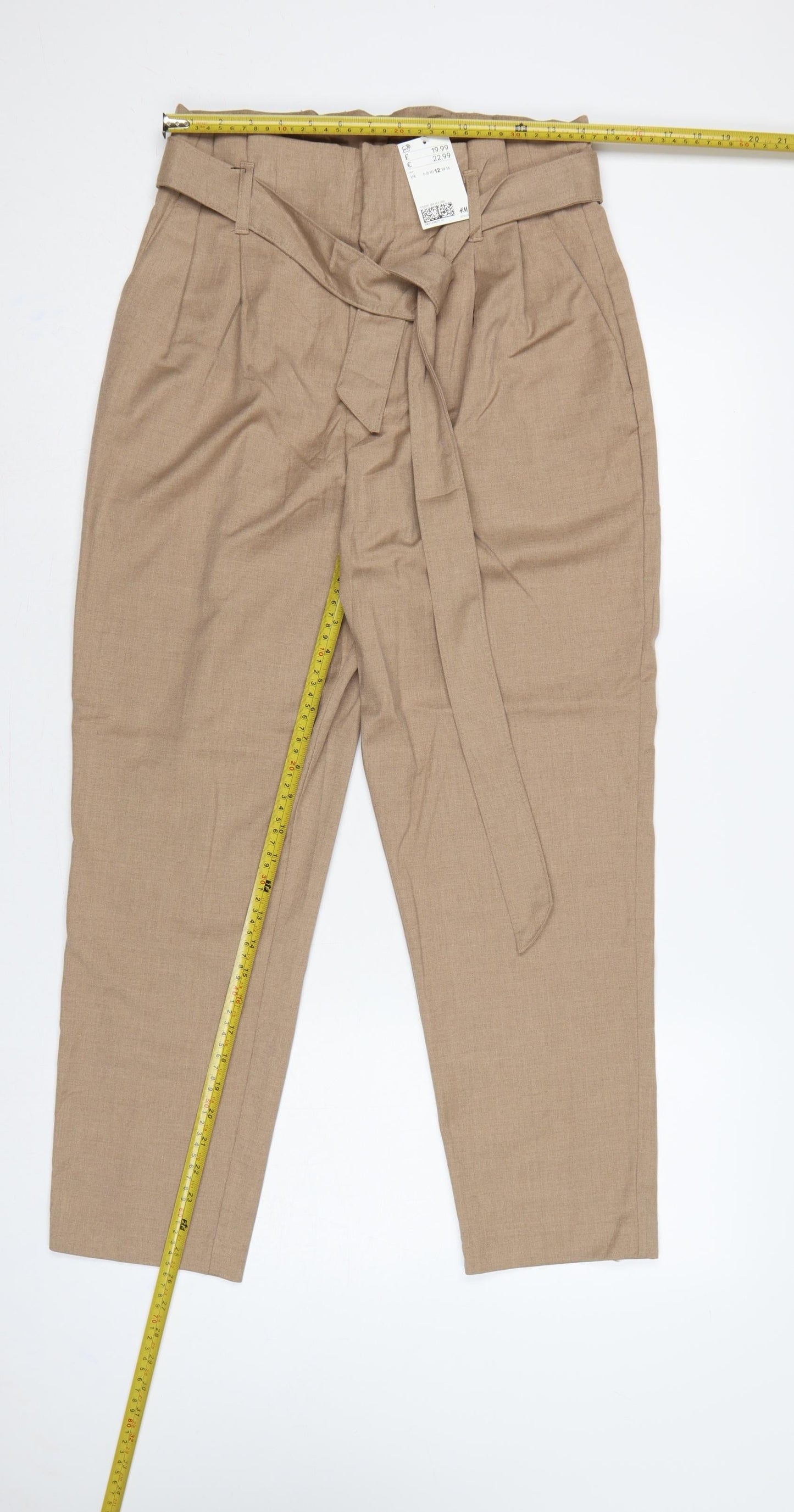H&M Women Beige UK 12 Paperbag Tapered Belted Trousers