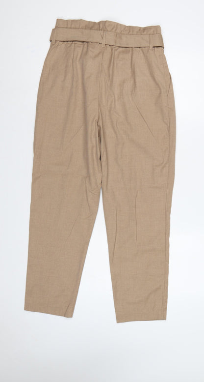 H&M Women Beige UK 12 Paperbag Tapered Belted Trousers