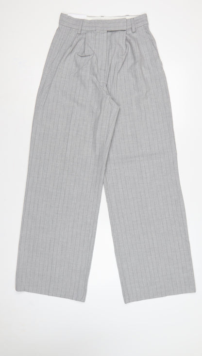Bershka Women Grey Pinstripe UK 8 High Rise Wide Leg Dress Trousers