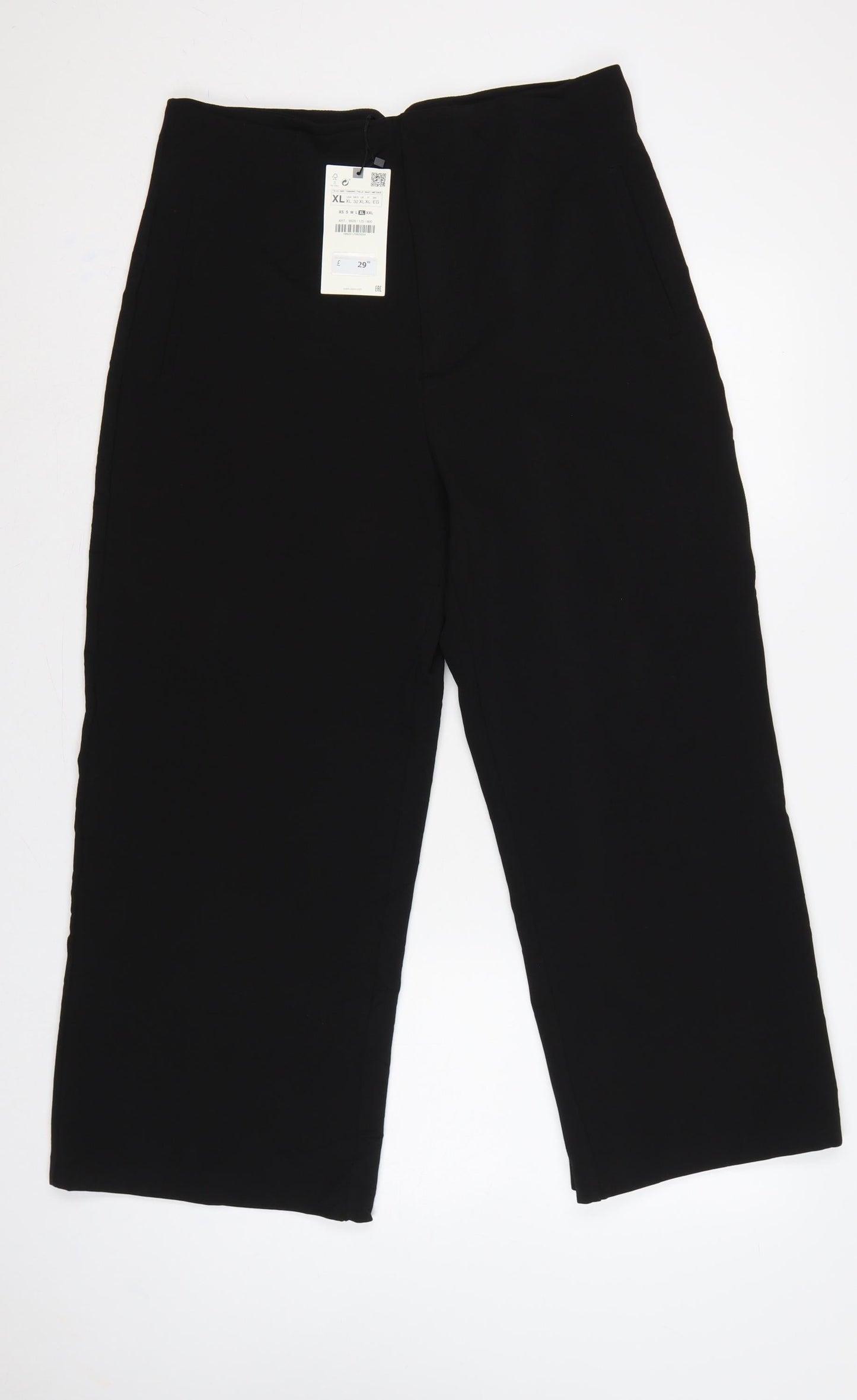 Zara Women Black XL High Rise Wide Leg Stretch Trousers Pockets
