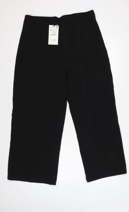 Zara Women Black XL High Rise Wide Leg Stretch Trousers Pockets