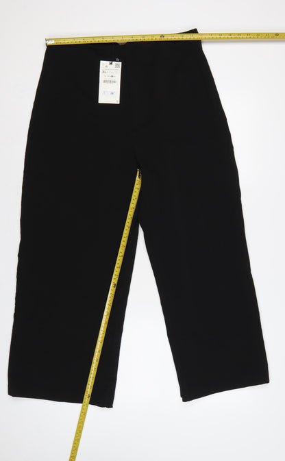 Zara Women Black XL High Rise Wide Leg Stretch Trousers Pockets