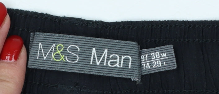 Marks & Spencer Men Black 38W 29L Drawstring Cotton Trousers