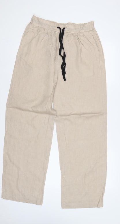 Zara Women Beige M Wide Leg Drawstring Relaxed Trousers