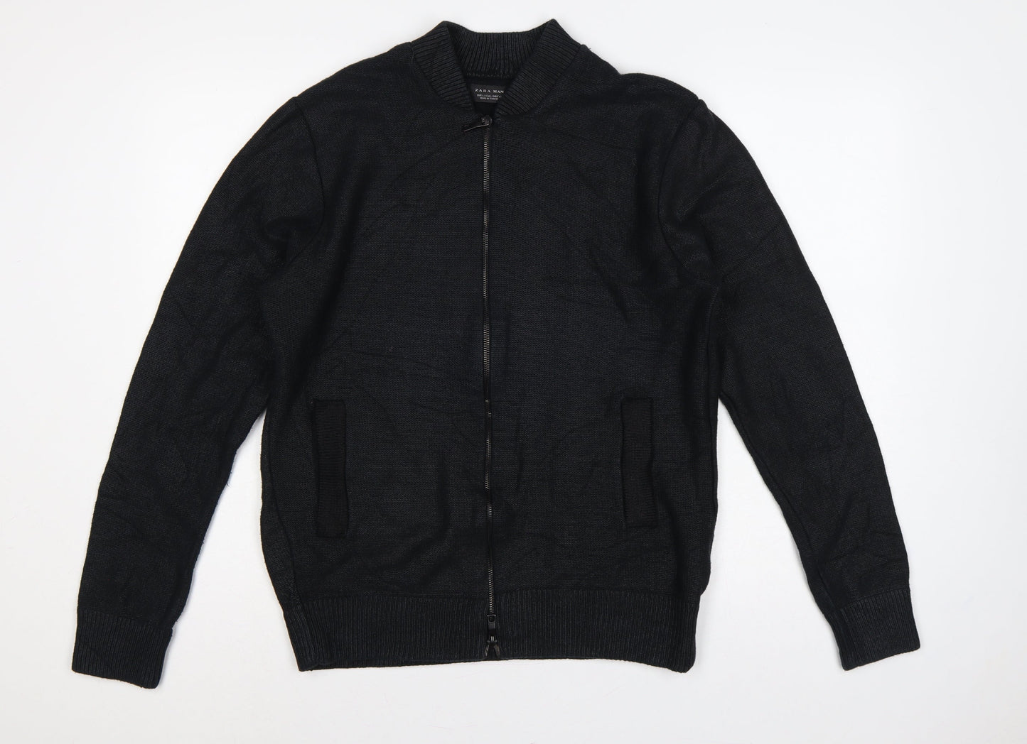 Zara Man Men's Black L Full Zip Mock Neck Cotton Blend Knit Jumper