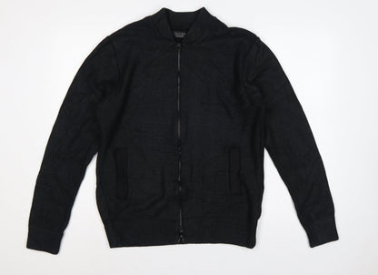 Zara Man Men's Black L Full Zip Mock Neck Cotton Blend Knit Jumper