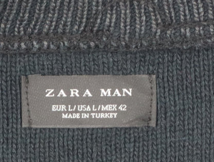 Zara Man Men's Black L Full Zip Mock Neck Cotton Blend Knit Jumper