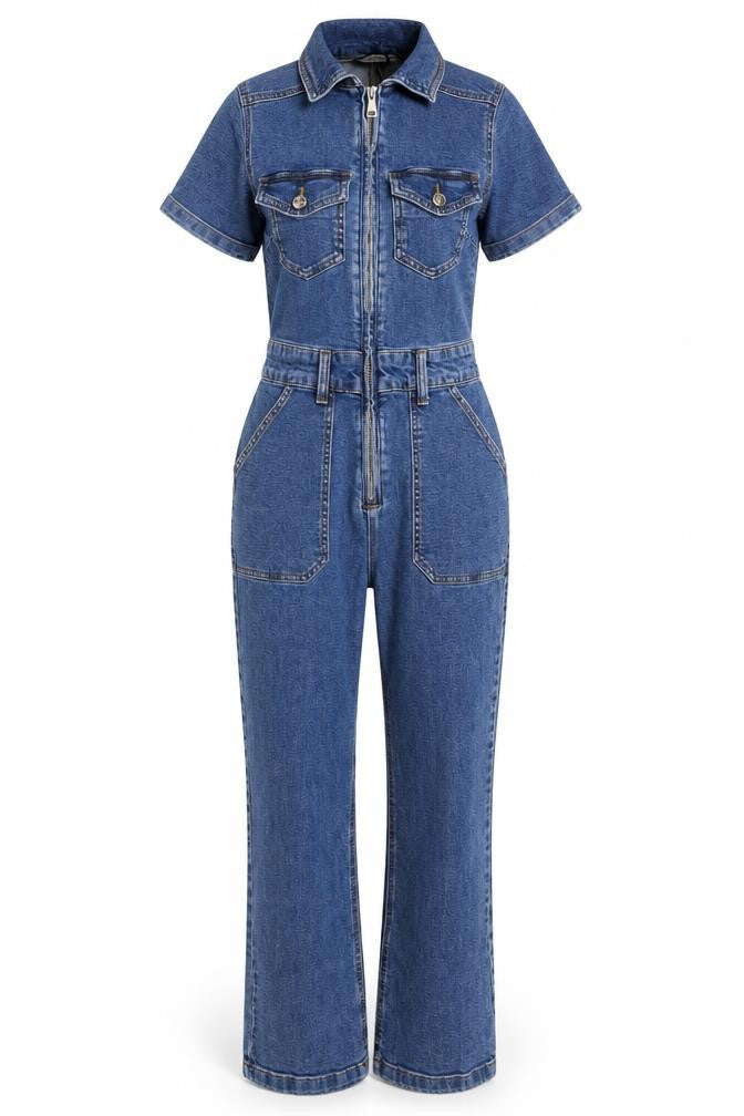 Stradivarius Women Blue Denim Zip Front Belted Jumpsuit Size S