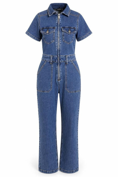 Stradivarius Women Blue Denim Zip Front Belted Jumpsuit Size S