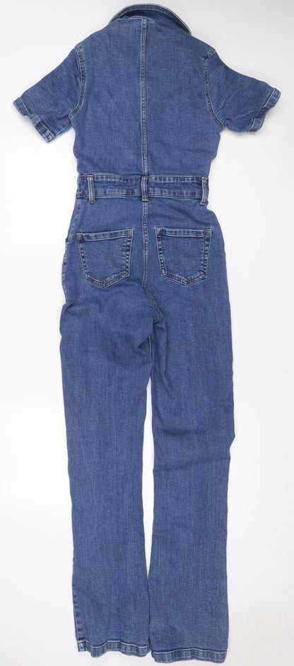 Stradivarius Women Blue Denim Zip Front Belted Jumpsuit Size S