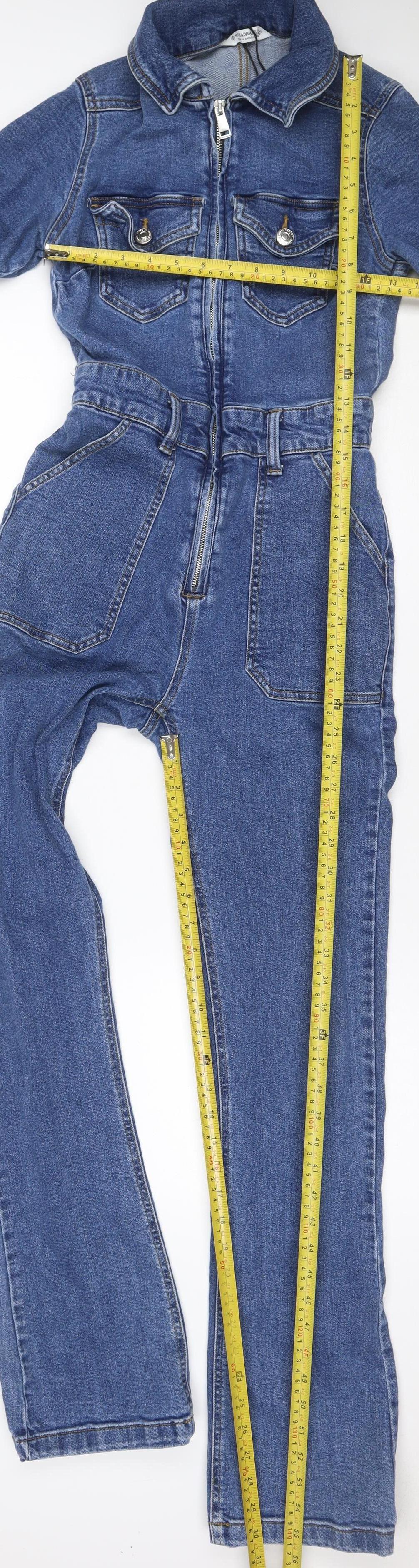 Stradivarius Women Blue Denim Zip Front Belted Jumpsuit Size S