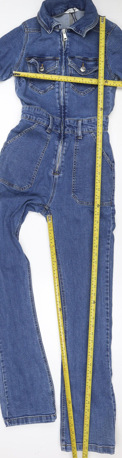 Stradivarius Women Blue Denim Zip Front Belted Jumpsuit Size S
