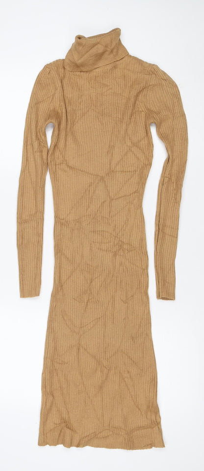 Brave Soul Women Brown XS Long Ribbed Roll Neck Jumper Dress