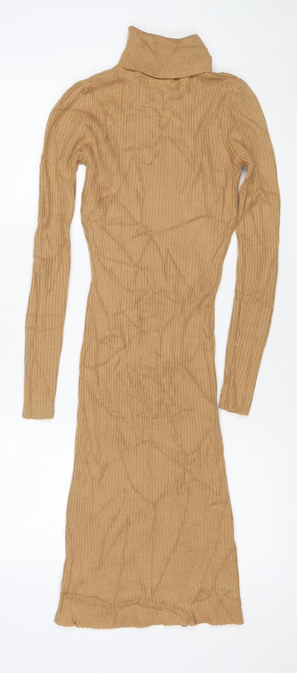 Brave Soul Women Brown XS Long Ribbed Roll Neck Jumper Dress