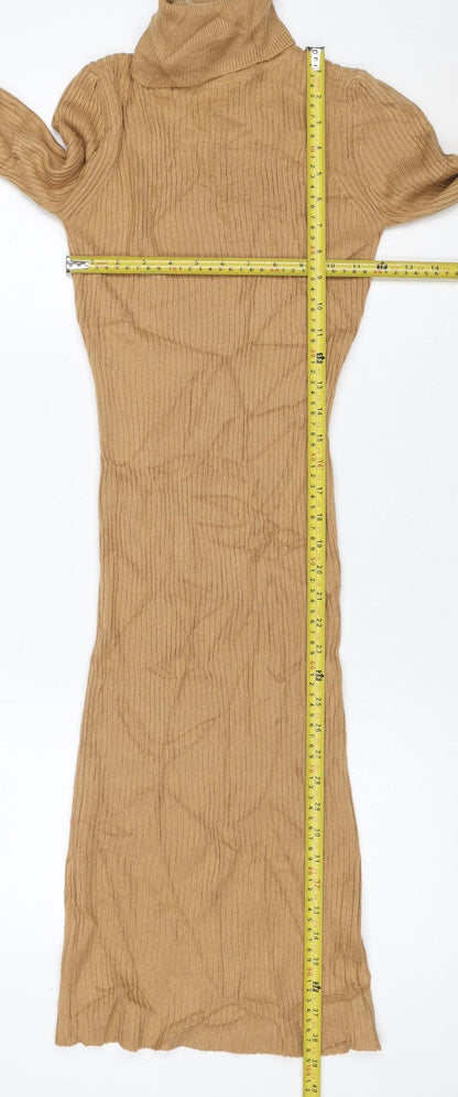 Brave Soul Women Brown XS Long Ribbed Roll Neck Jumper Dress