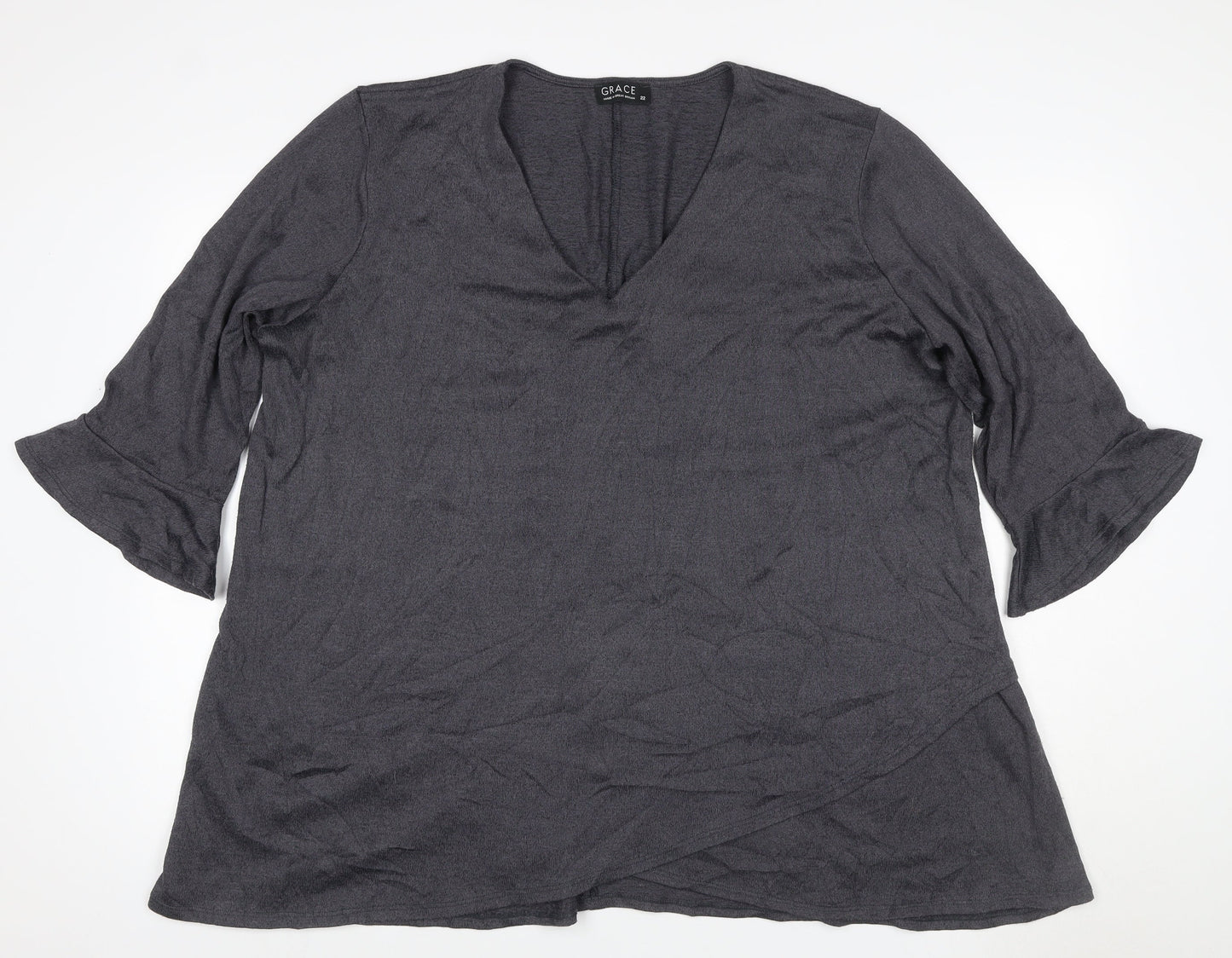 Grace Women’s Grey Size 22 V-Neck Bell Sleeve Stretch Blouse Top