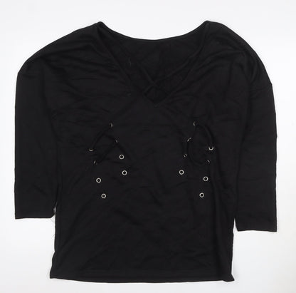 JCL Women’s Black M V-Neck 3/4 Sleeve Lace-Up Detail Jersey Top