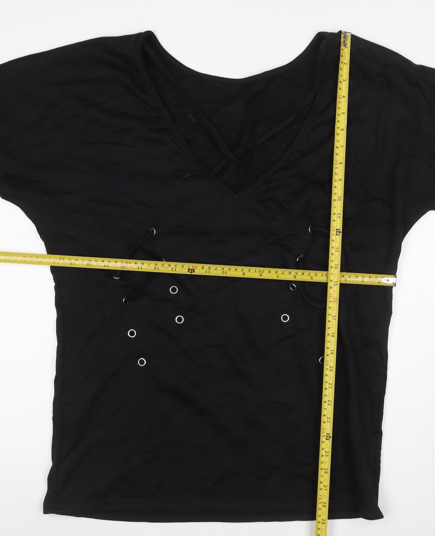 JCL Women’s Black M V-Neck 3/4 Sleeve Lace-Up Detail Jersey Top