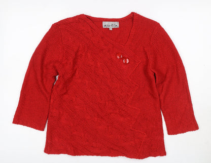 Marble Women Red V-Neck Cable Knit Jumper Size 8 Acrylic