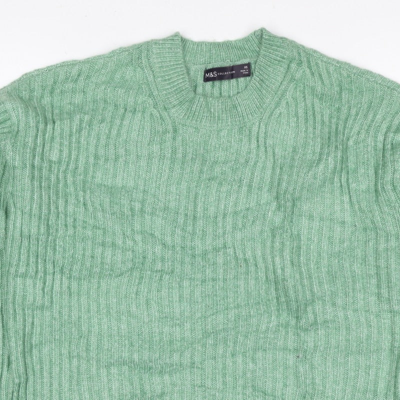 Marks & Spencer Women Green XS Rib Knit Round Neck Pullover Jumper