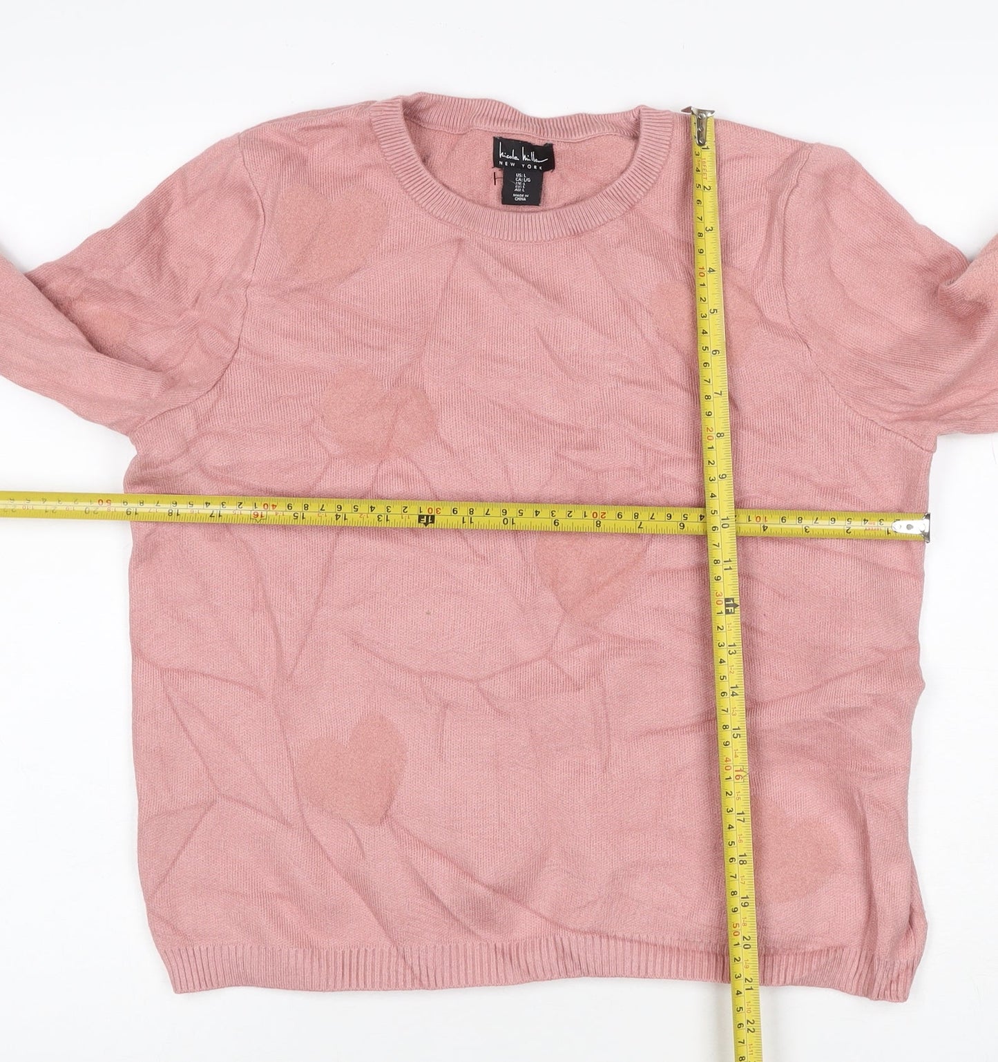 Nicole Miller Women Pink L Heart Crew Neck Knit Pullover Jumper