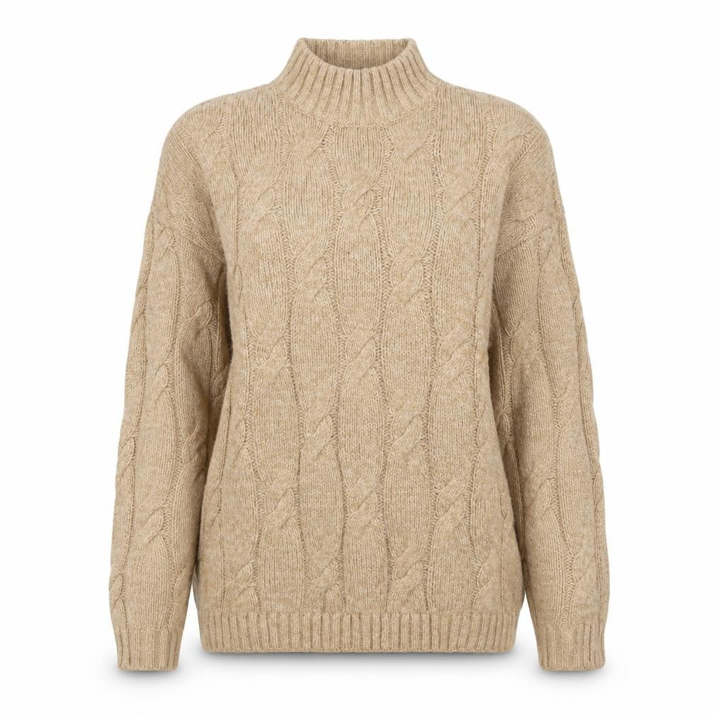 Lands' End Women's Beige S Cable-Knit Mock Neck Cotton Blend Jumper