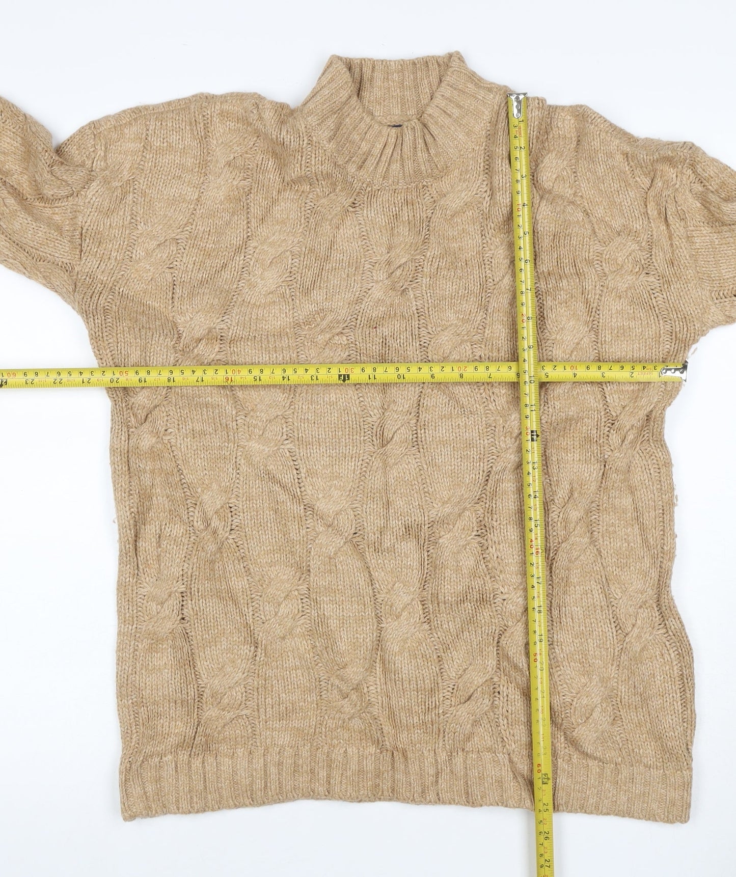 Lands' End Women's Beige S Cable-Knit Mock Neck Cotton Blend Jumper