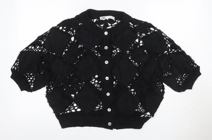 Zara Women Black M Floral Crochet Short Sleeve Button Cardigan