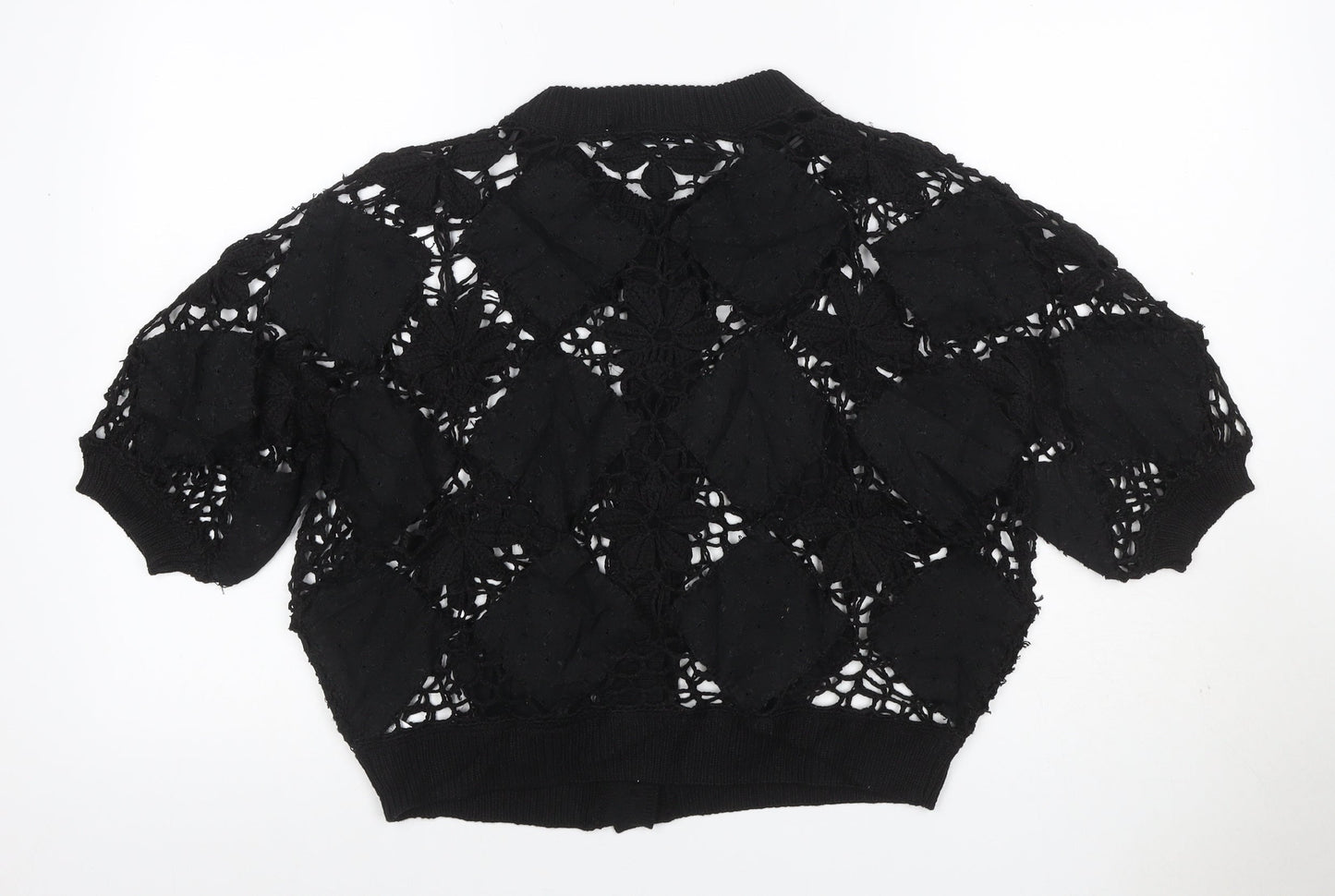 Zara Women Black M Floral Crochet Short Sleeve Button Cardigan