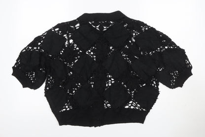 Zara Women Black M Floral Crochet Short Sleeve Button Cardigan