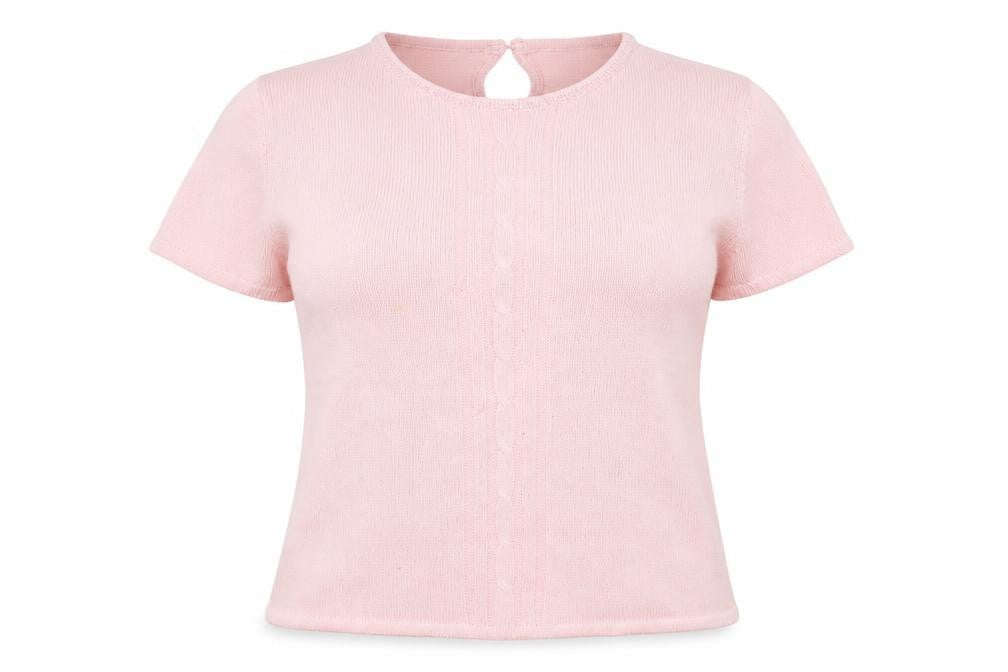 Front view of Honor Millburn at EWM Women’s Pink, size UK 14, Cable Knit Beaded Jumper