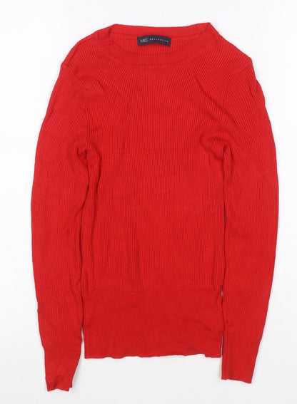 Marks & Spencer Women Red UK 8 Rib Knit Crew Neck Cotton Pullover
