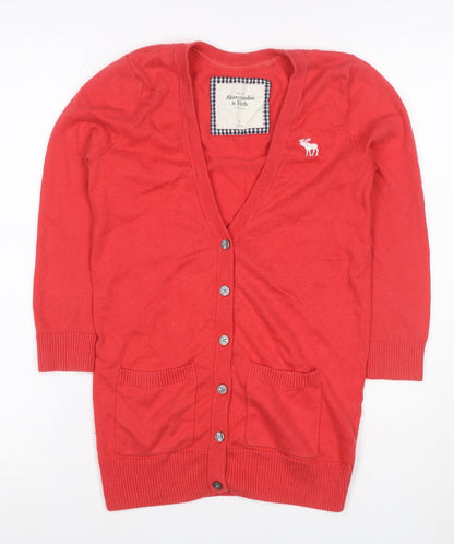 Abercrombie & Fitch Women Red S V-Neck Button Pocket Cardigan