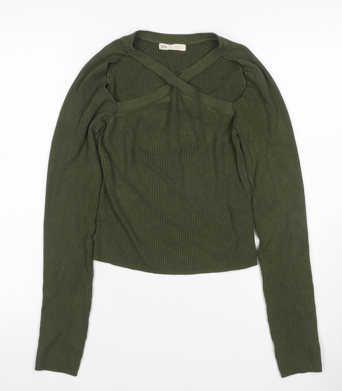STR Women’s Green M Rib Knit Strap V-Neck Slim Pullover Jumper