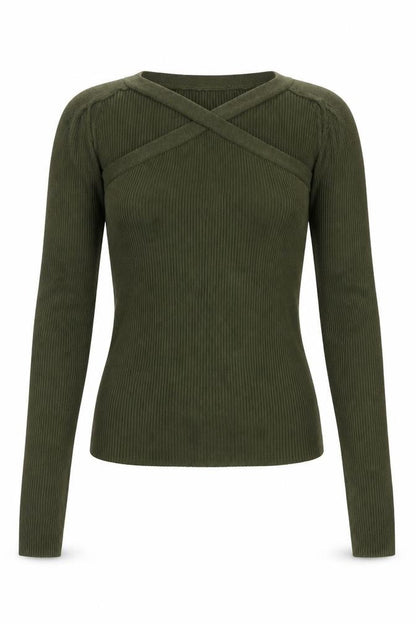 Stradivarius Women’s Green M Rib Knit Strap V-Neck Slim Pullover Jumper