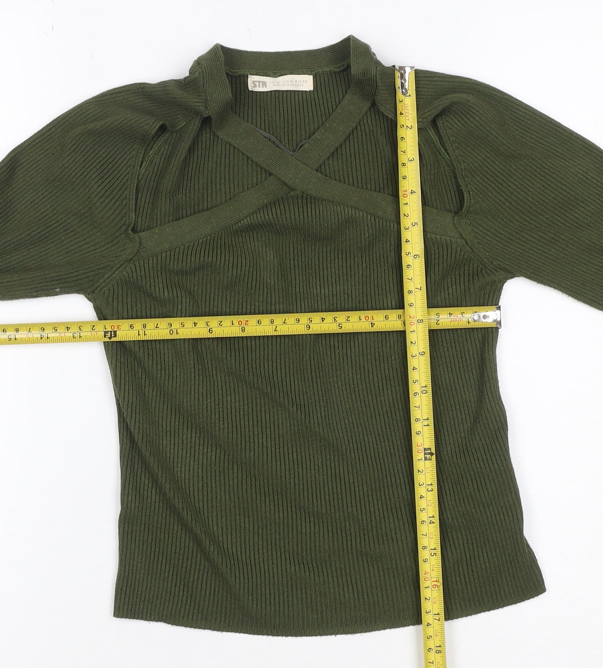 STR Women’s Green M Rib Knit Strap V-Neck Slim Pullover Jumper