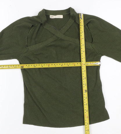 STR Women’s Green M Rib Knit Strap V-Neck Slim Pullover Jumper