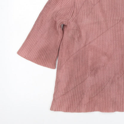 TOAST Women Pink M Rib Knit High Neck Flared Sleeve Tunic Jumper