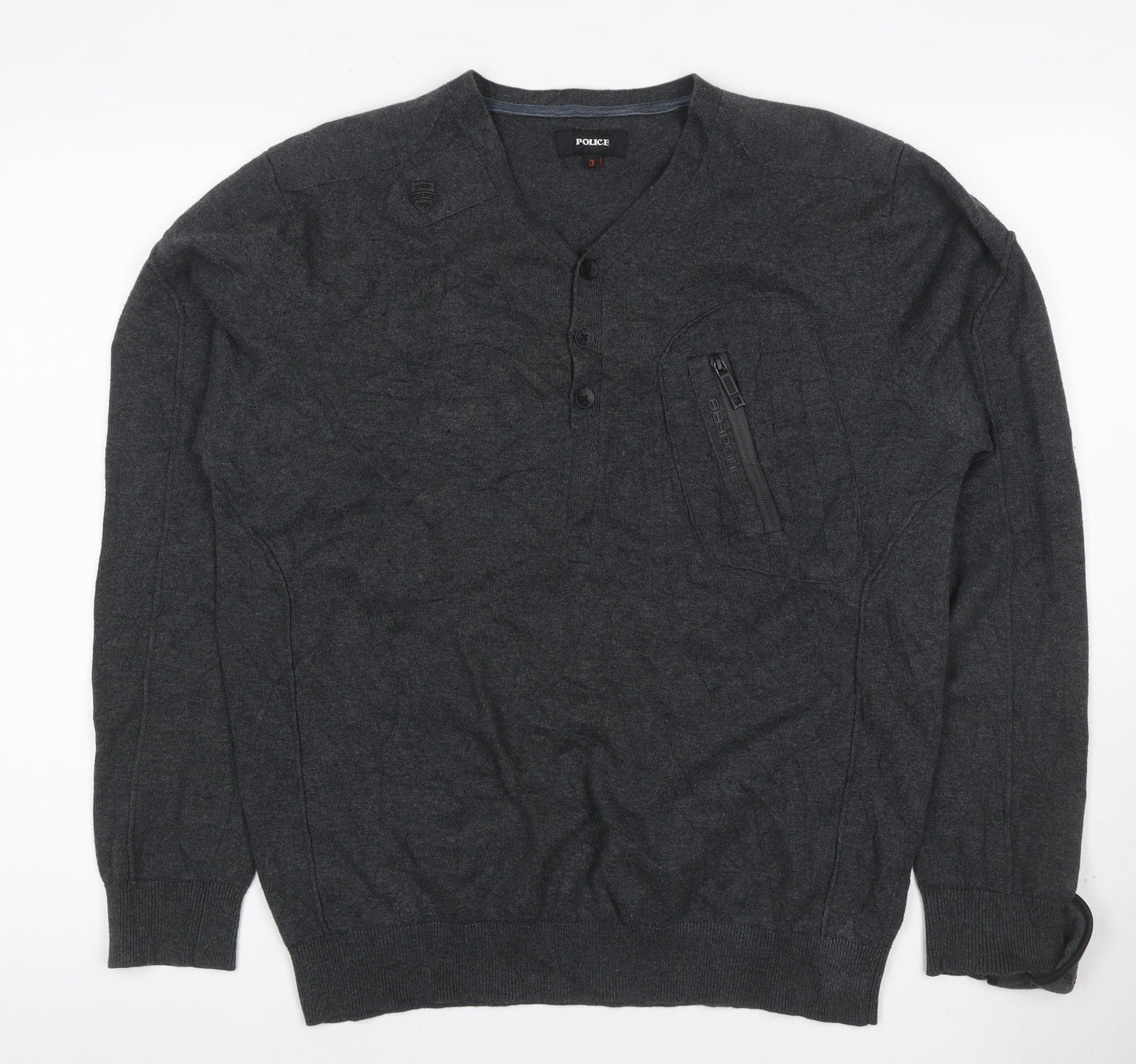 Police Men’s Grey L Cotton Henley Jumper V-Neck Zip Pocket