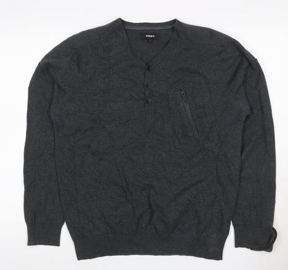 Police Men’s Grey L Cotton Henley Jumper V-Neck Zip Pocket