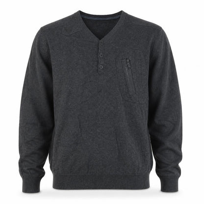 Front view of Police Men’s Grey L Cotton Henley Jumper V-Neck Zip Pocket