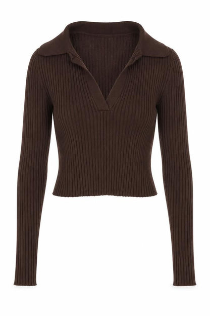 H&M Divided Women Brown UK 6 XS Rib Knit Collared V-Neck Jumper