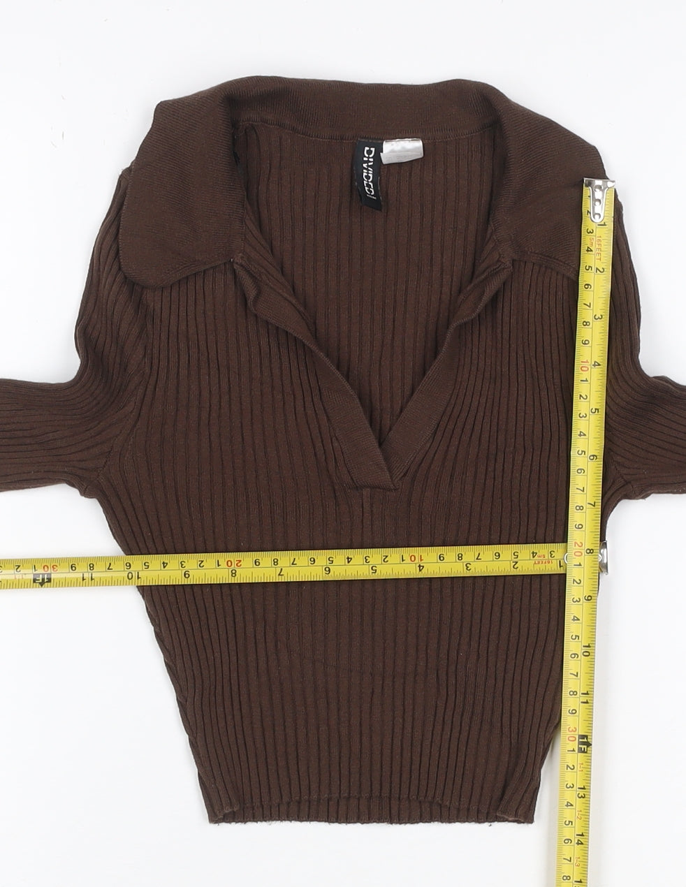 H&M Divided Women Brown UK 6 XS Rib Knit Collared V-Neck Jumper