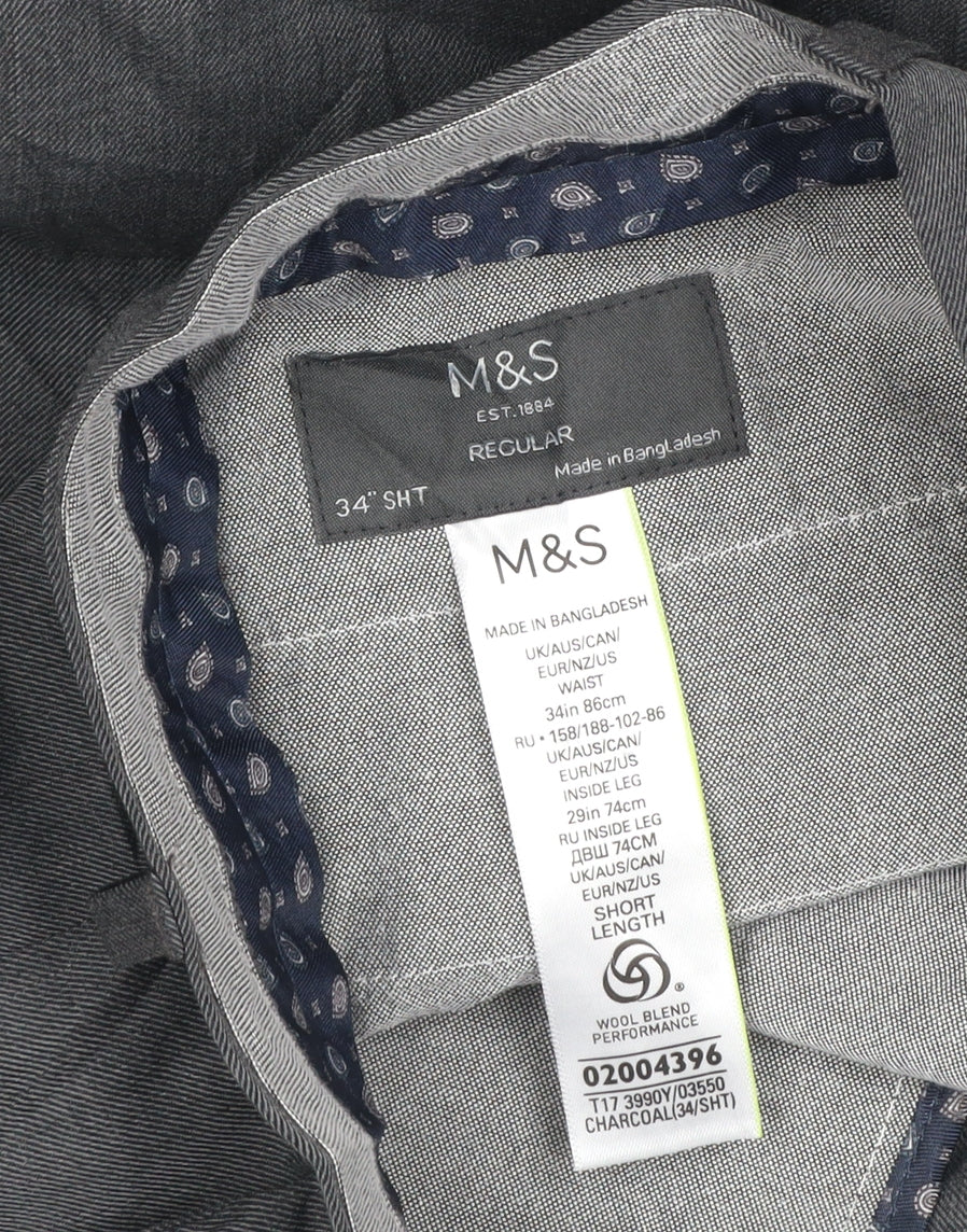 Marks and Spencer Men's Grey 34S Regular Wool Blend Dress Trousers