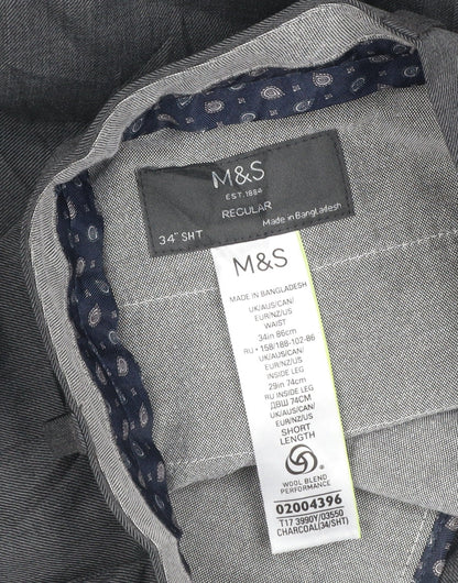 Marks and Spencer Men's Grey 34S Regular Wool Blend Dress Trousers