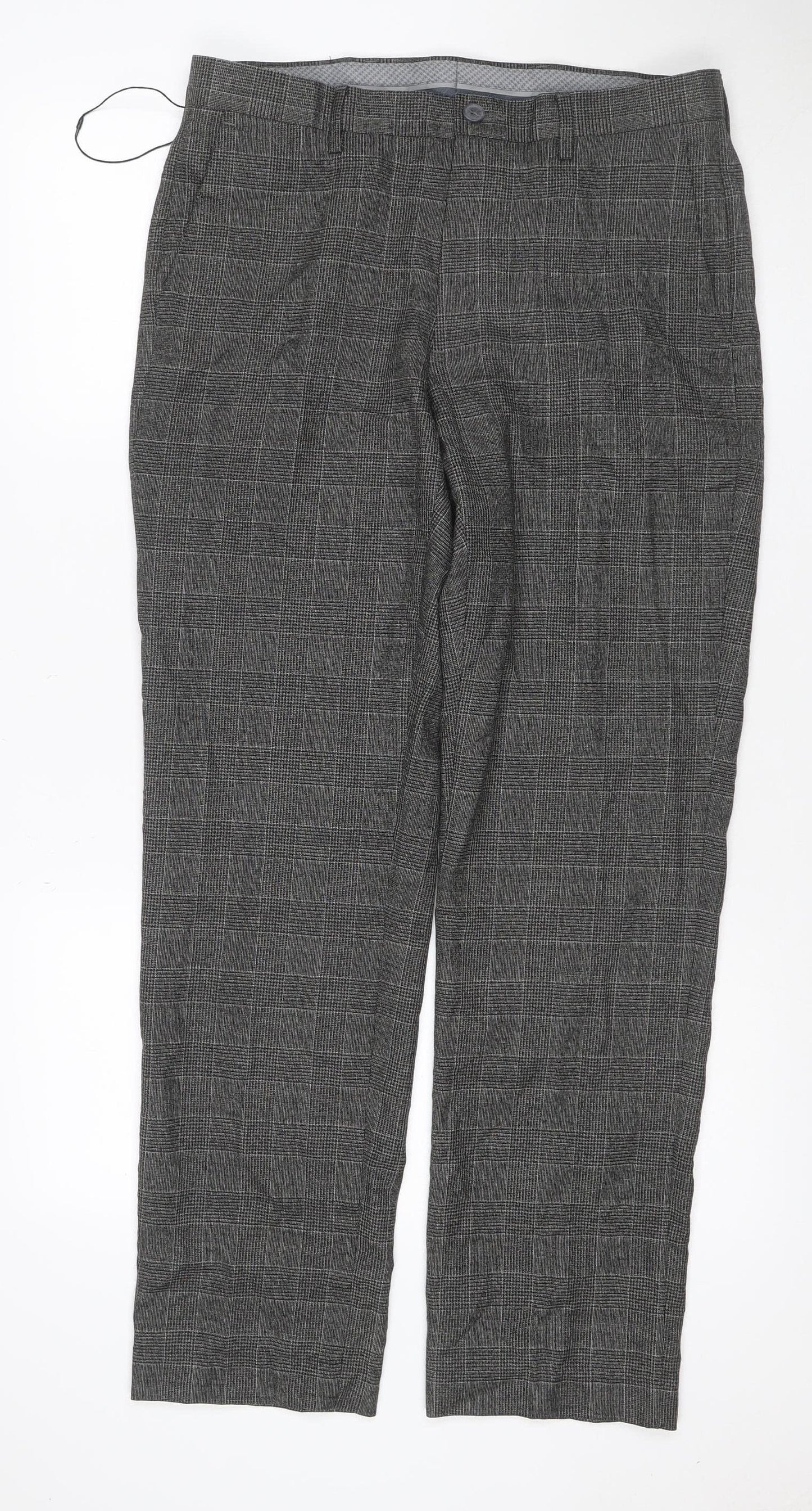 Marks and Spencer Men Grey 32 Regular Check Flat Front Dress Trousers